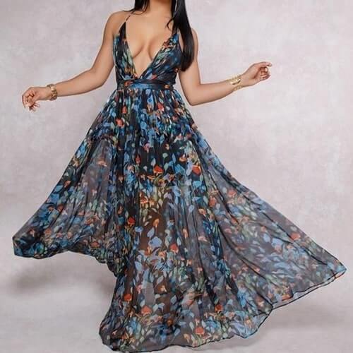 European and American deep V-neck back chiffon dress
