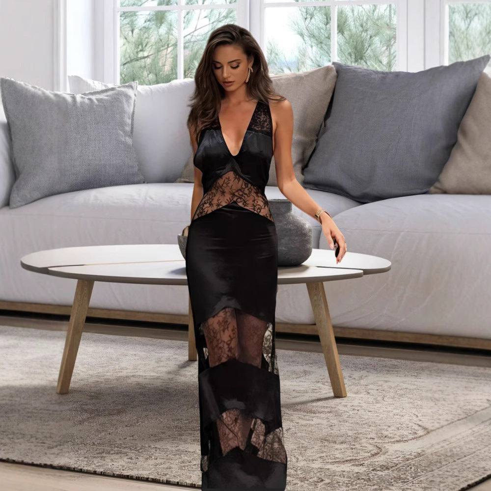 Backless Hollow Out See-through Dress Female Fashion Patchwork Long Dress