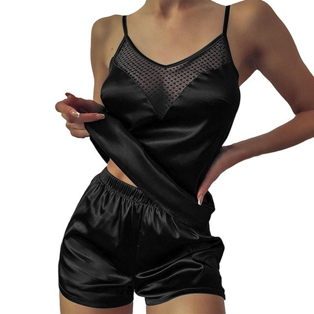 Satin Pajamas Lace Pijama Nightie Sleepwear Home Clothes Tops And Shorts Women's Silk Pajamas Solid Color Pajama Set