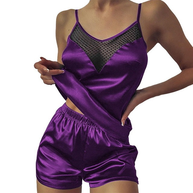 Satin Pajamas Lace Pijama Nightie Sleepwear Home Clothes Tops And Shorts Women's Silk Pajamas Solid Color Pajama Set