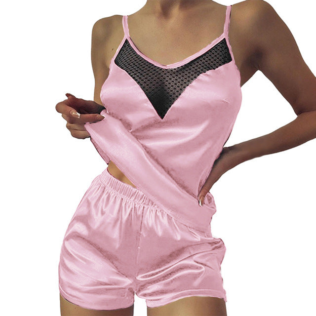 Satin Pajamas Lace Pijama Nightie Sleepwear Home Clothes Tops And Shorts Women's Silk Pajamas Solid Color Pajama Set