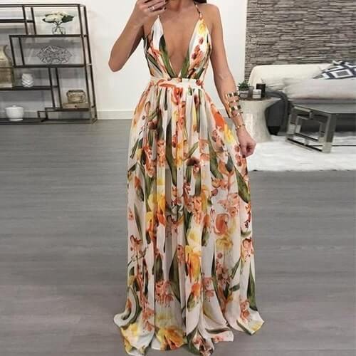 European and American deep V-neck back chiffon dress