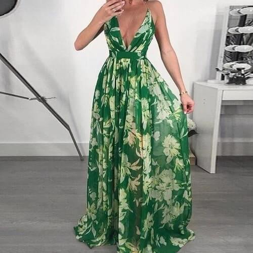 European and American deep V-neck back chiffon dress