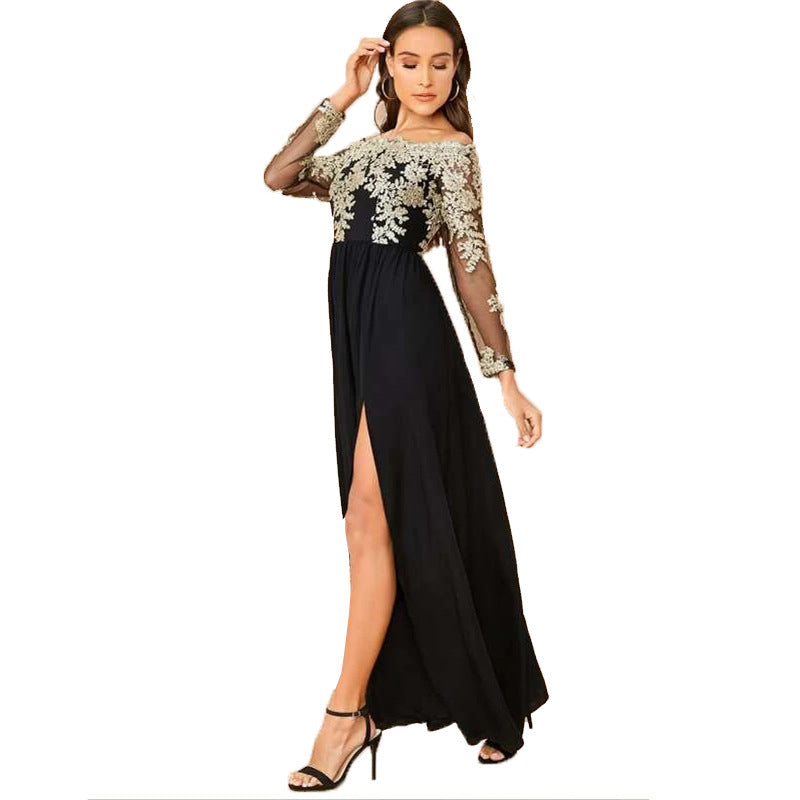 Embroidered Mesh High Slit Dress