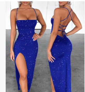 Backless High Split Maxi Party Dress Solid Color Spaghetti Strap Bandage Slit Long Dress