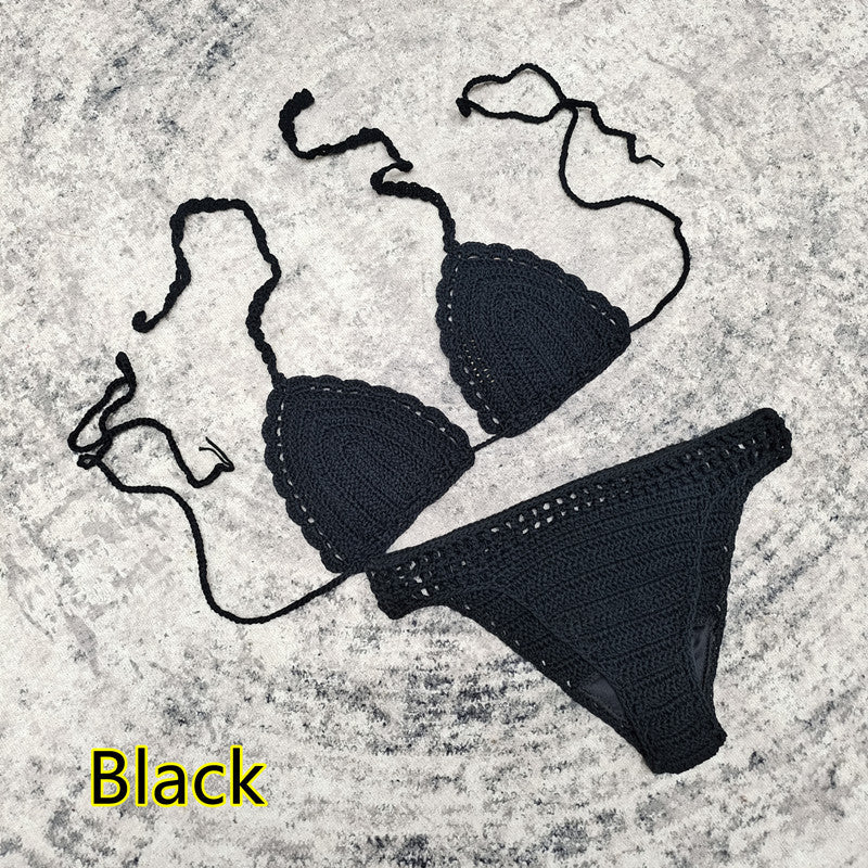 3-piece European And American Handmade Crochet Bikini Beach Skirt Swimsuit Suit