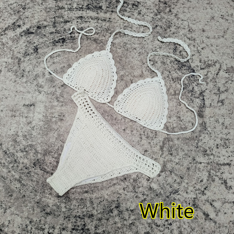3-piece European And American Handmade Crochet Bikini Beach Skirt Swimsuit Suit