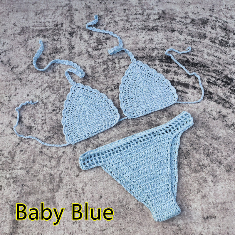 3-piece European And American Handmade Crochet Bikini Beach Skirt Swimsuit Suit