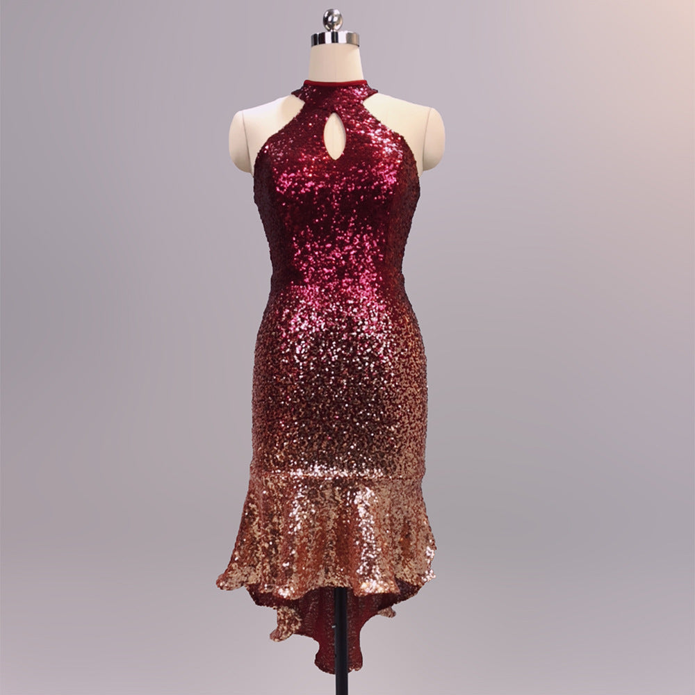 Chest Wrap See-through L Gradient Sequin Hip Wrap Dress