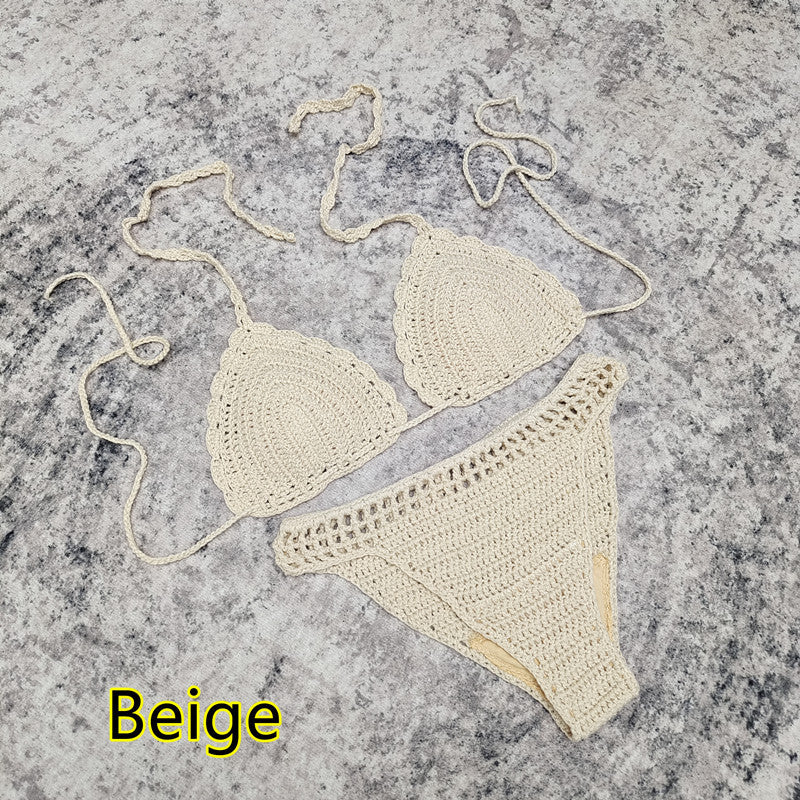 3-piece European And American Handmade Crochet Bikini Beach Skirt Swimsuit Suit