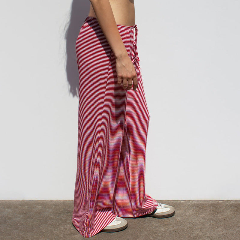 Women's Striped Print Trousers Y2K Fashion Casual Lace Up Home Straight Wide-leg Pants