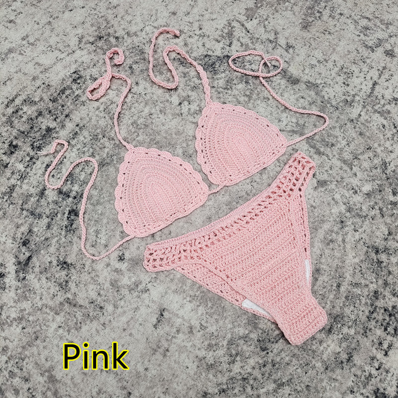 3-piece European And American Handmade Crochet Bikini Beach Skirt Swimsuit Suit