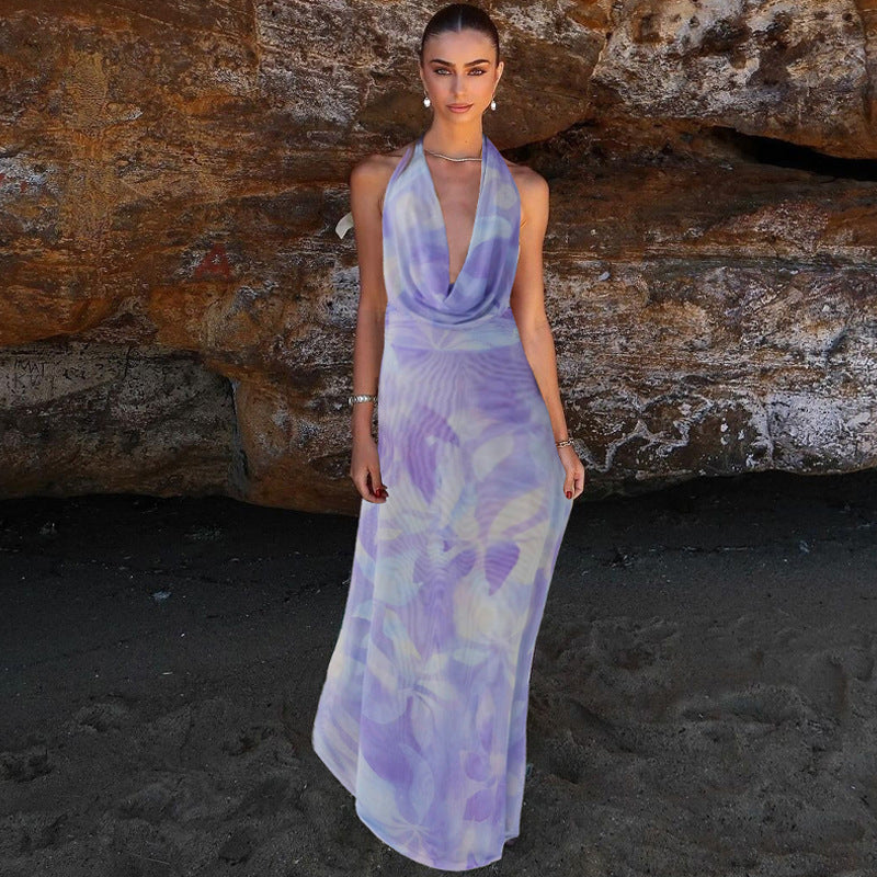 Tie Dye 2pcs Printing Deep V-neck Suits Fashion Halter Backless Long Dresses For Beach Party Womens Clothing