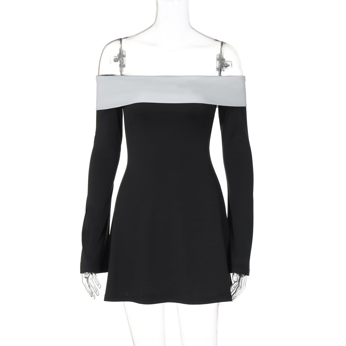 Fashion Color Contrast Laminated Chest Wrap Long Sleeve Dress