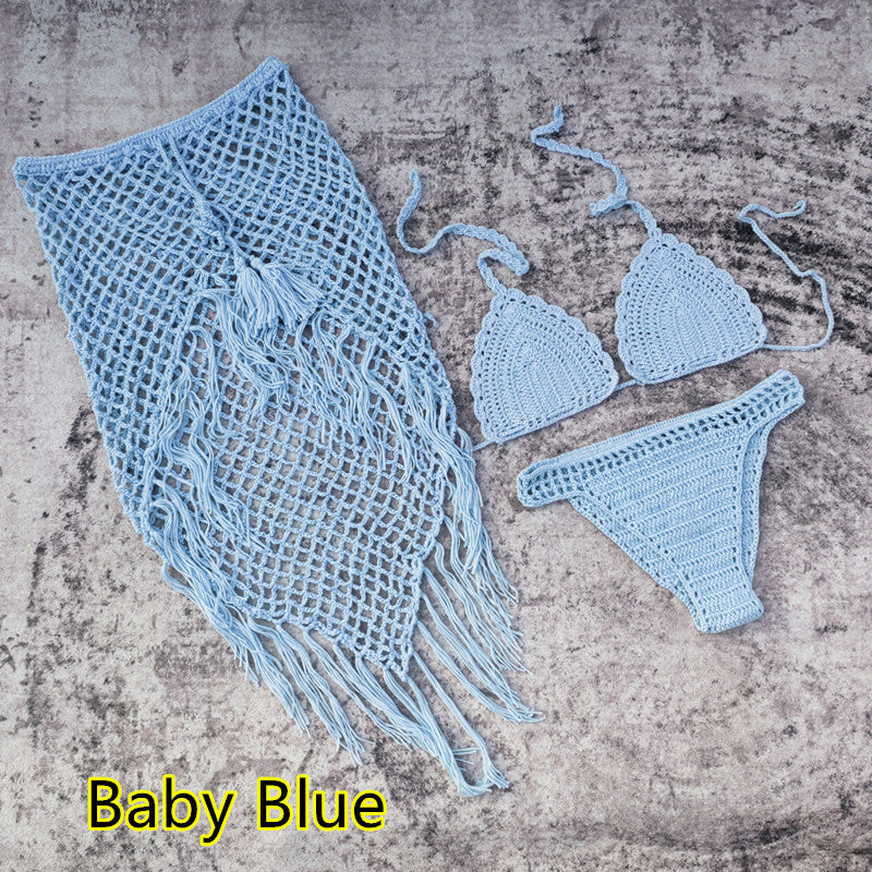 3-piece European And American Handmade Crochet Bikini Beach Skirt Swimsuit Suit