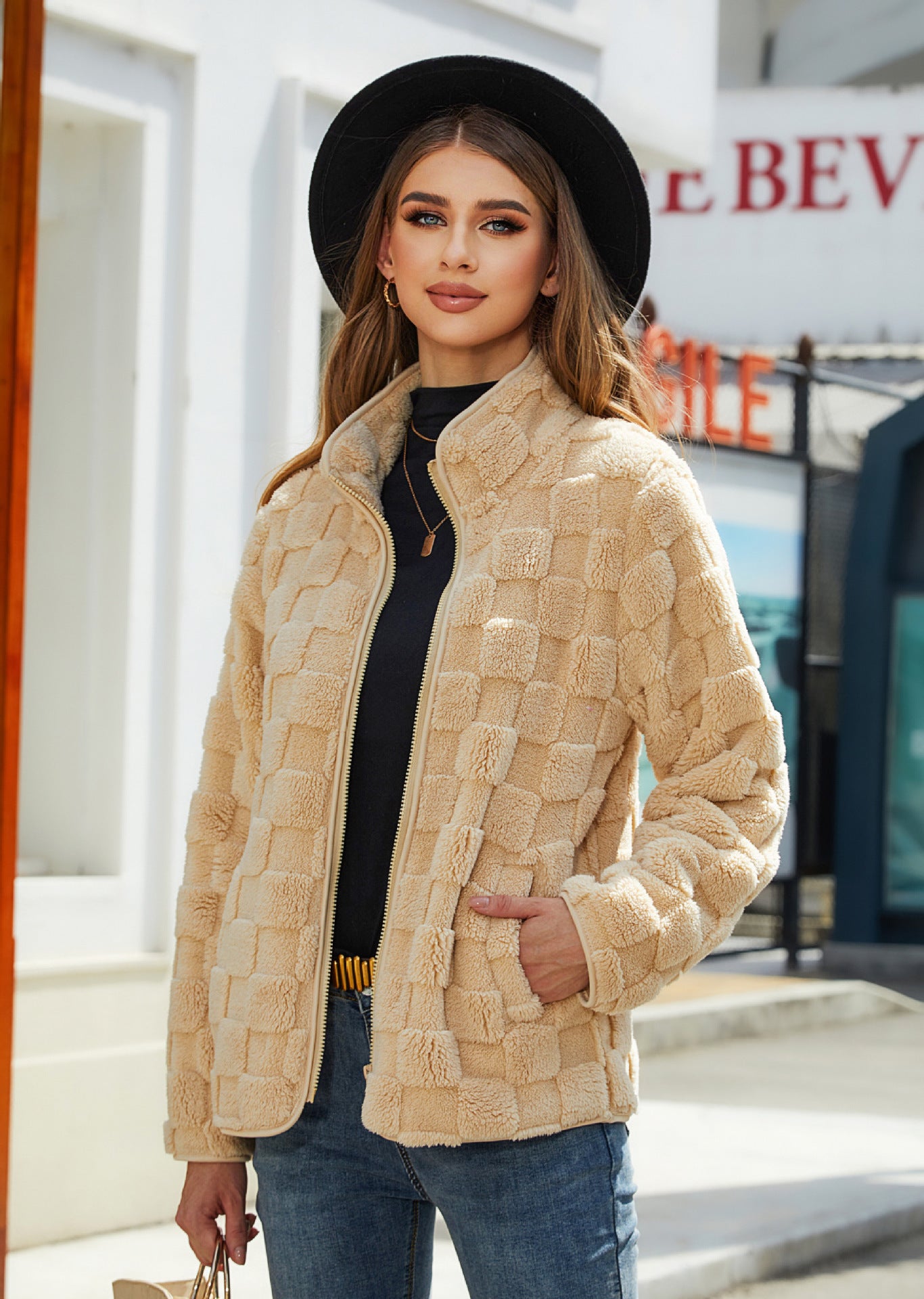 Stand-up Collar Plush Jacket Winter Long-sleeved Loose Zipper Cardigan Fashion Solid Color Checkerboard Design Coat Women Outwear