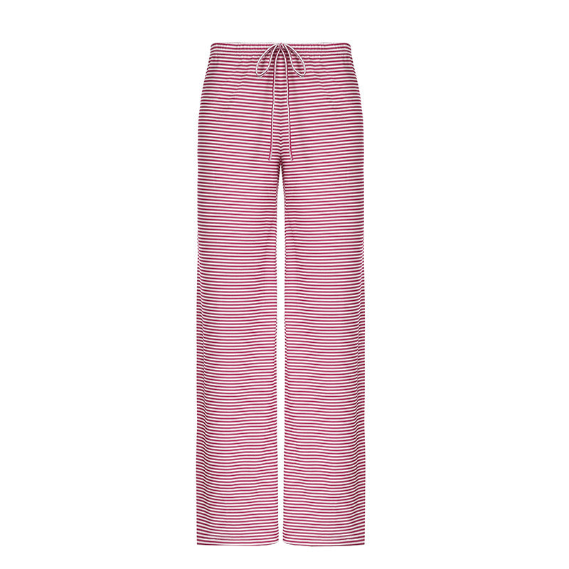 Women's Striped Print Trousers Y2K Fashion Casual Lace Up Home Straight Wide-leg Pants