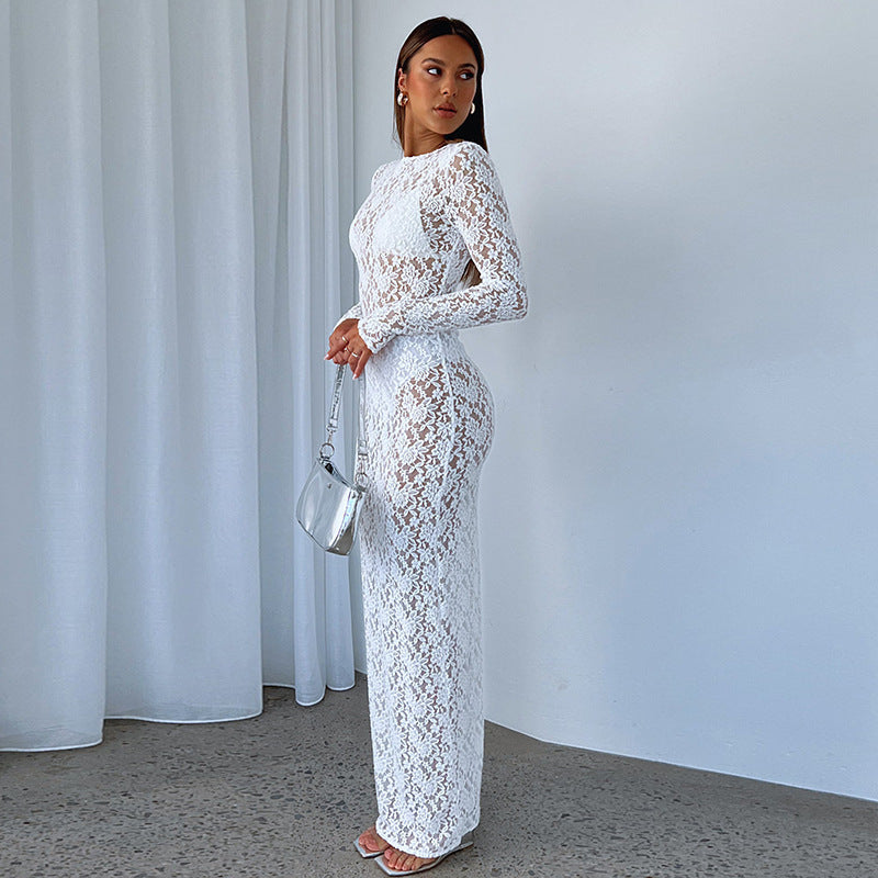 New Women's Clothing Sexy Hollow Out Lace Pattern See-through Dress