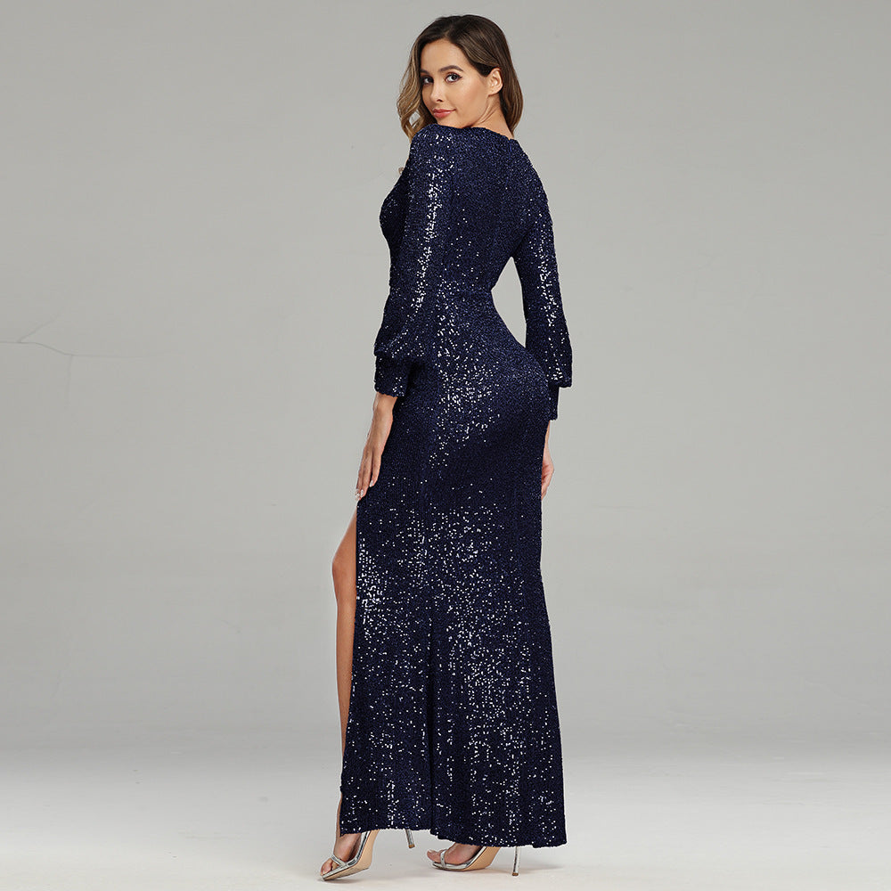 High Slit Long Sleeve Sequined Banquet Evening Dress