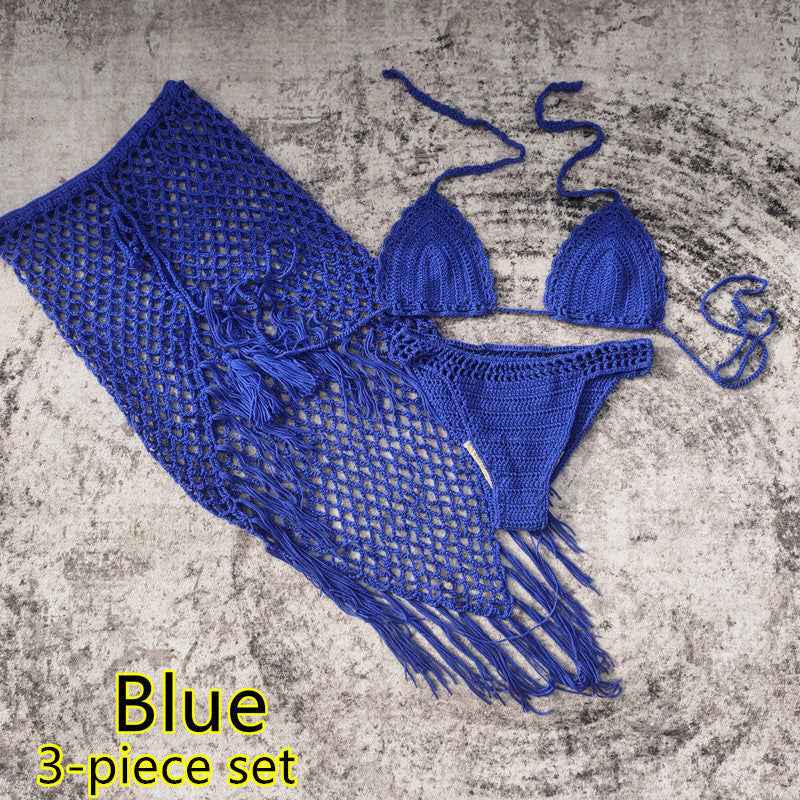 3-piece European And American Handmade Crochet Bikini Beach Skirt Swimsuit Suit