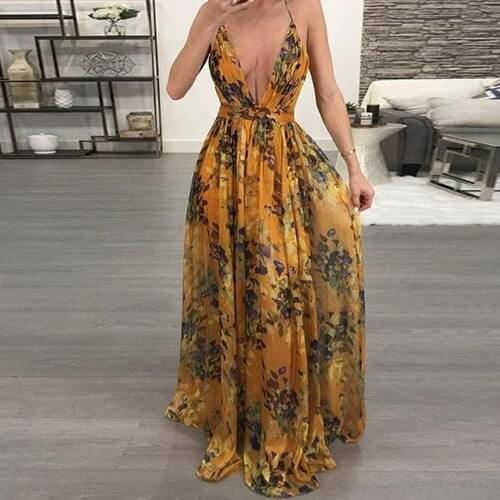 European and American deep V-neck back chiffon dress