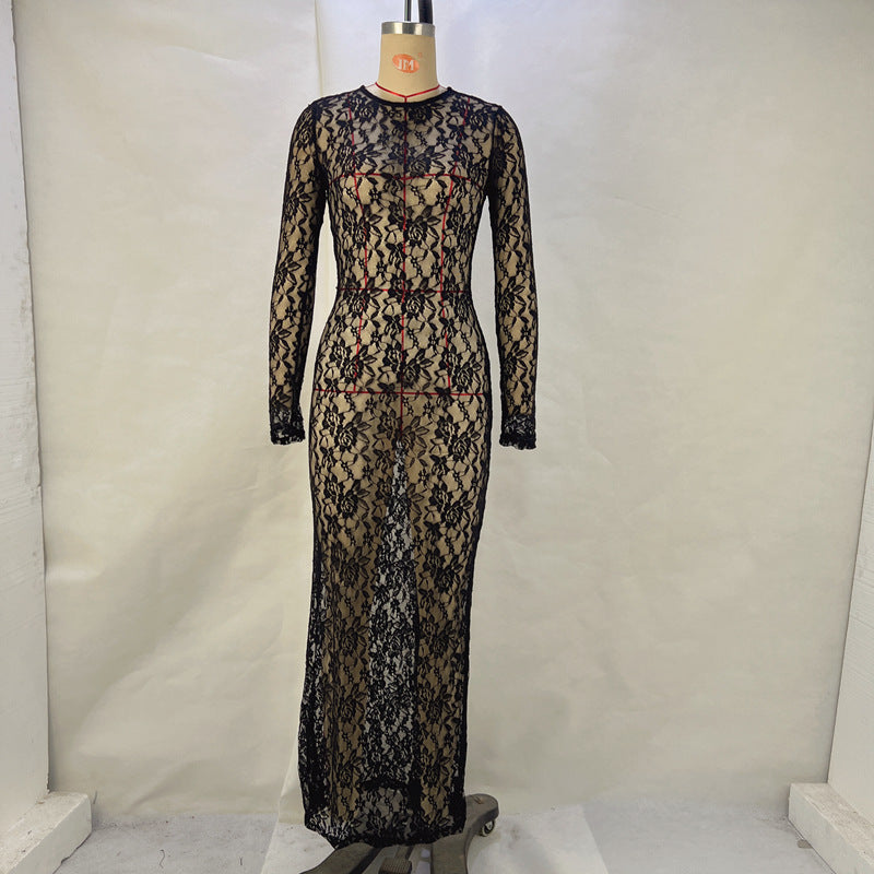 New Women's Clothing Sexy Hollow Out Lace Pattern See-through Dress