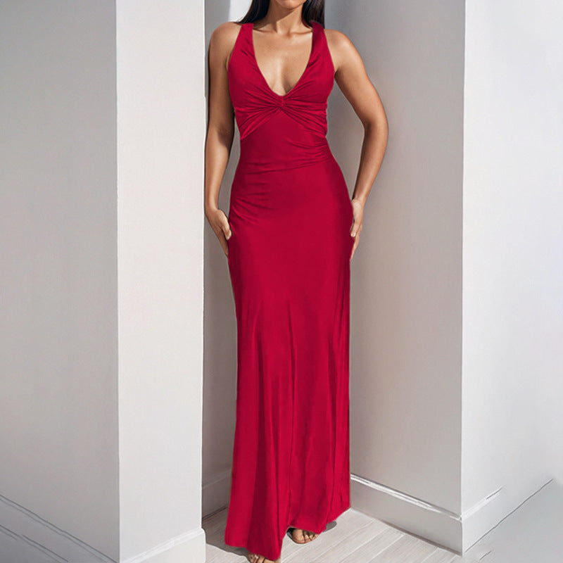 Sexy V-neck Pleated Slim Fit Slimming Graceful And Fashionable Dress