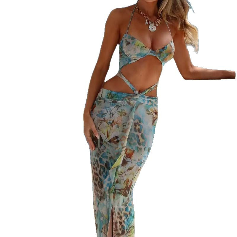 New Chest Wrap Lace Printing Split Sexy Dress