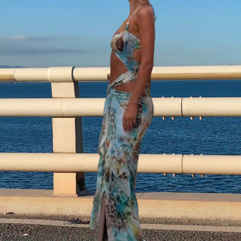 New Chest Wrap Lace Printing Split Sexy Dress