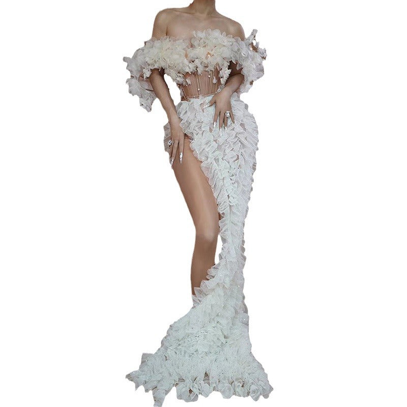 High Slit White Mesh Design Dress