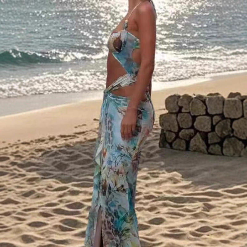 New Chest Wrap Lace Printing Split Sexy Dress