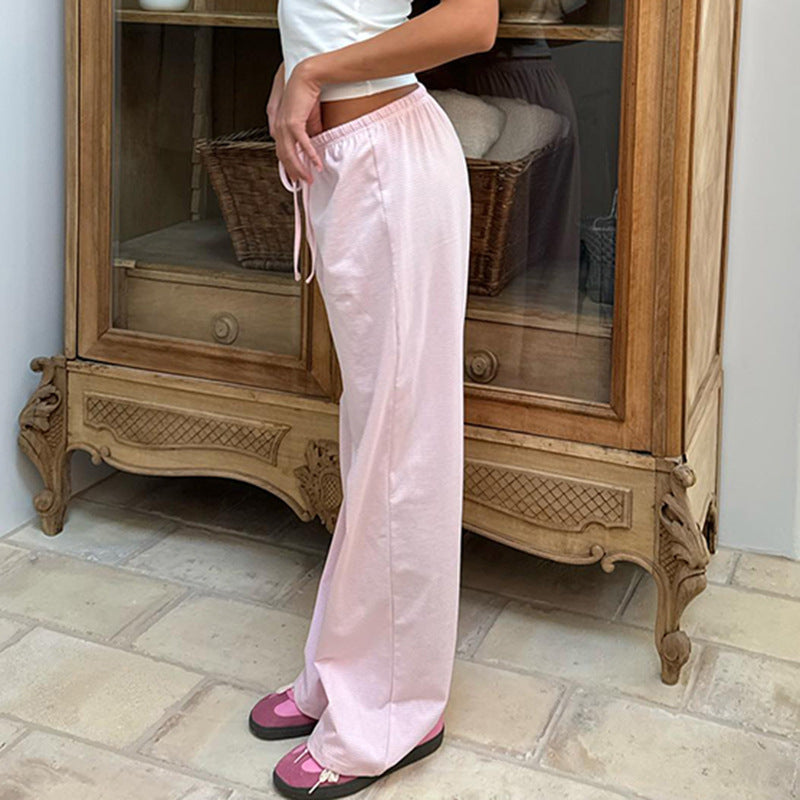 Women's Striped Print Trousers Y2K Fashion Casual Lace Up Home Straight Wide-leg Pants