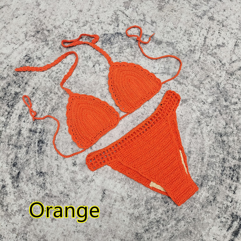 3-piece European And American Handmade Crochet Bikini Beach Skirt Swimsuit Suit