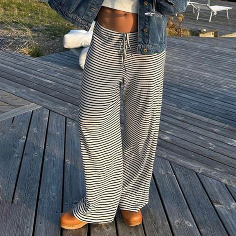 Women's Striped Print Trousers Y2K Fashion Casual Lace Up Home Straight Wide-leg Pants