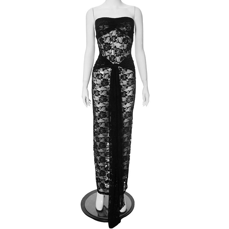 Woman Style Lace Chest Wrap Backless Midi Dress