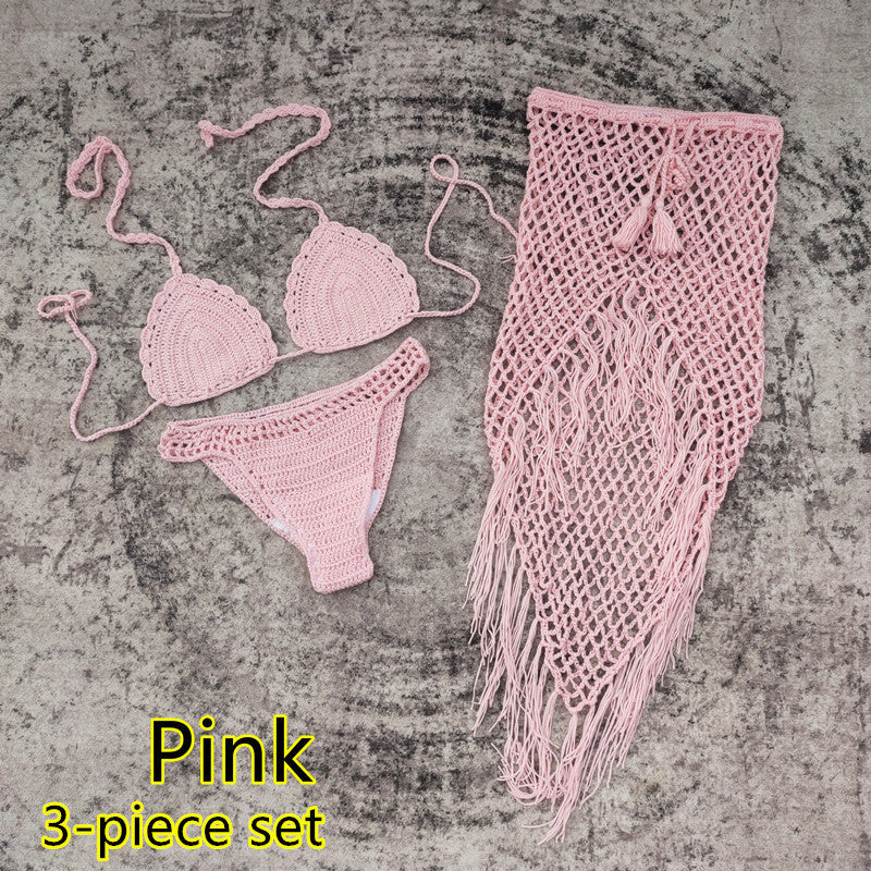 3-piece European And American Handmade Crochet Bikini Beach Skirt Swimsuit Suit