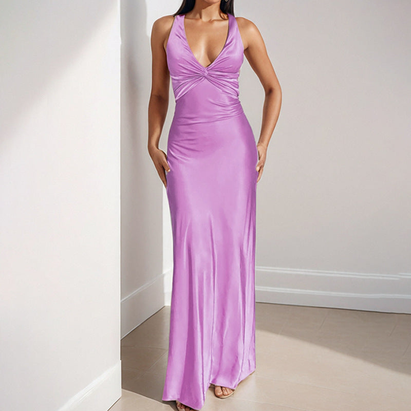 Sexy V-neck Pleated Slim Fit Slimming Graceful And Fashionable Dress