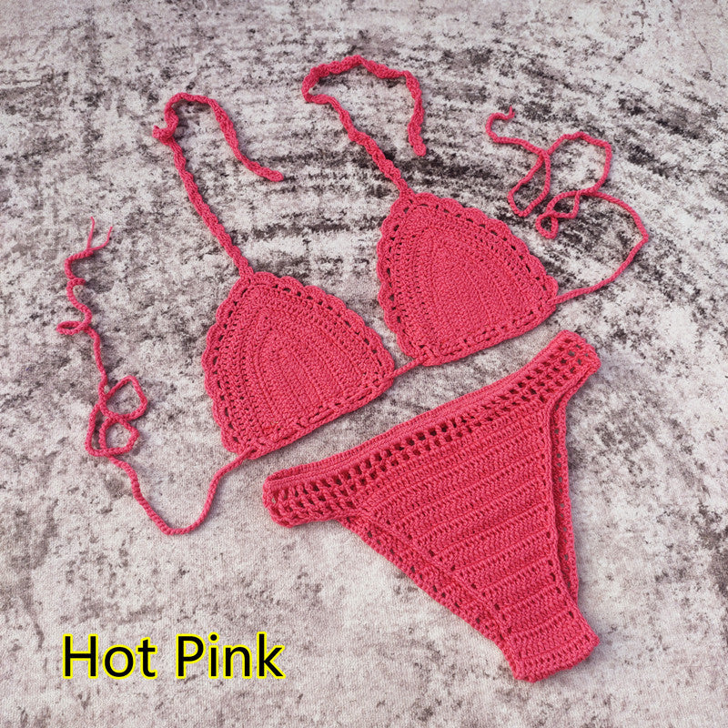 3-piece European And American Handmade Crochet Bikini Beach Skirt Swimsuit Suit