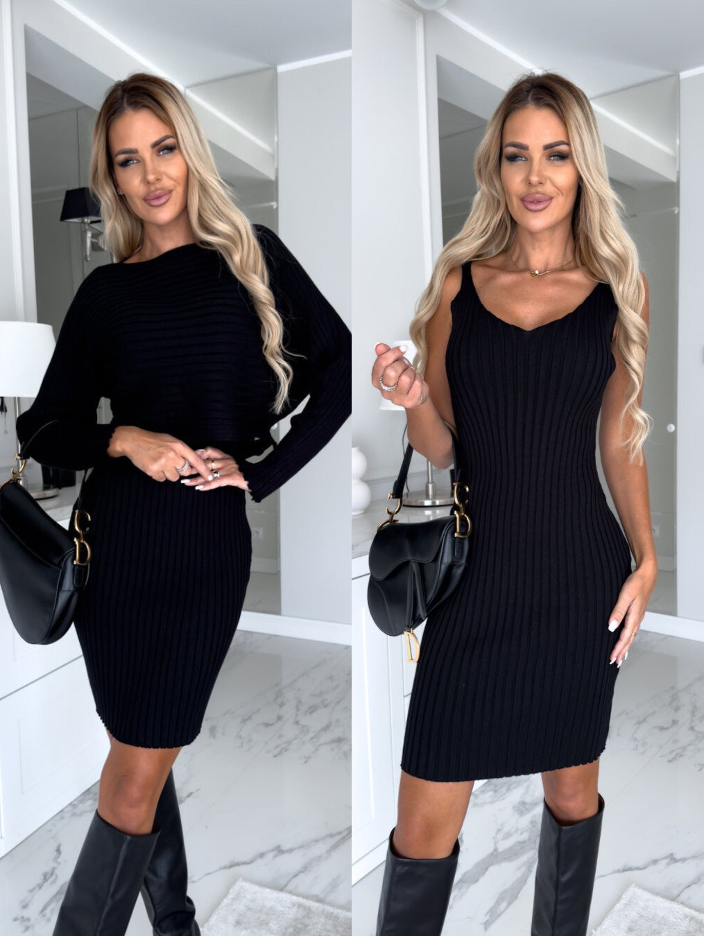 Solid Stripe Long-sleeved Top And Tight Suspender Skirt Fashion Autumn Winter Slim Clothing