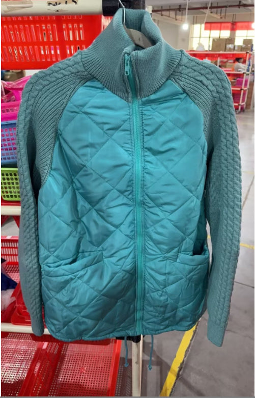 Stand Collar Cotton Jacket With Pockets Fashion Knitted Stitching Zipper Coat Winter Warm Tops For Women