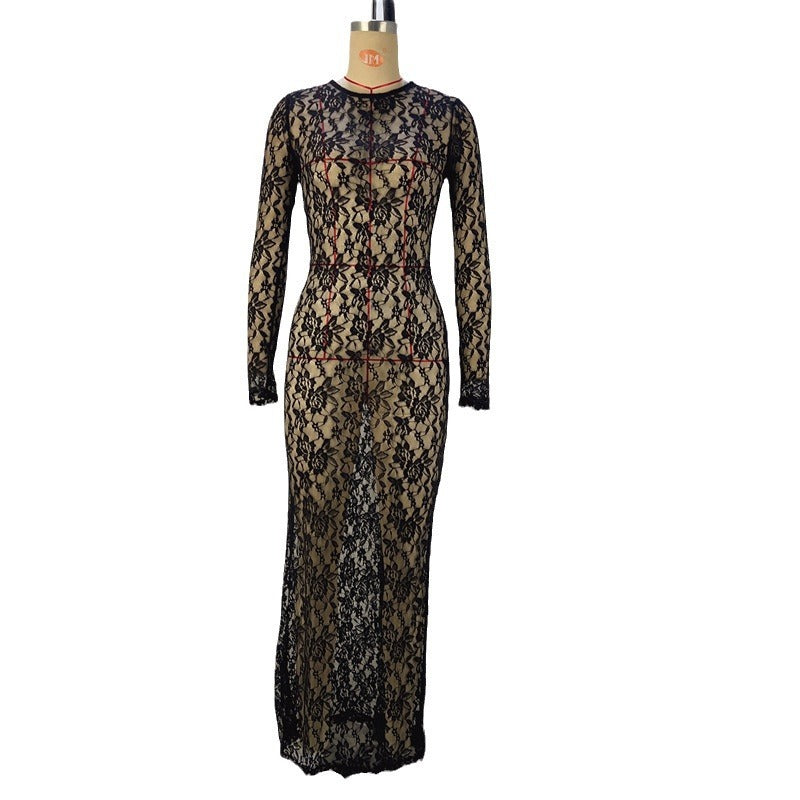 New Women's Clothing Sexy Hollow Out Lace Pattern See-through Dress