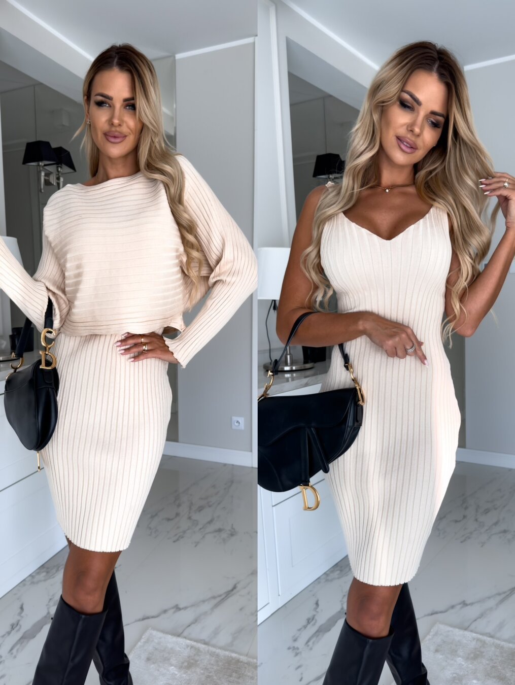 Solid Stripe Long-sleeved Top And Tight Suspender Skirt Fashion Autumn Winter Slim Clothing