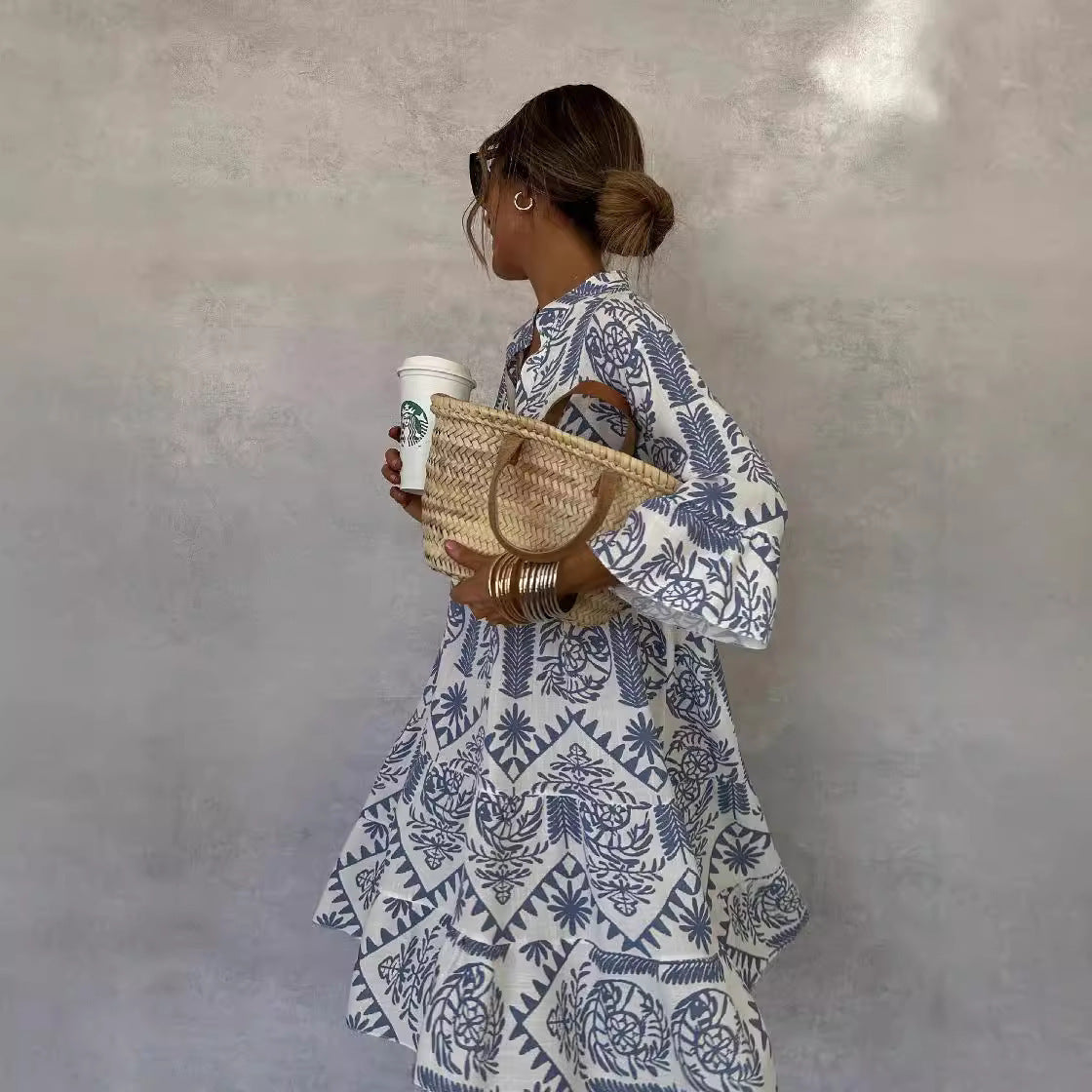 Loose Dress Women Fashion V-neck Flare Sleeve Elegant Ruffle Shirt Dress