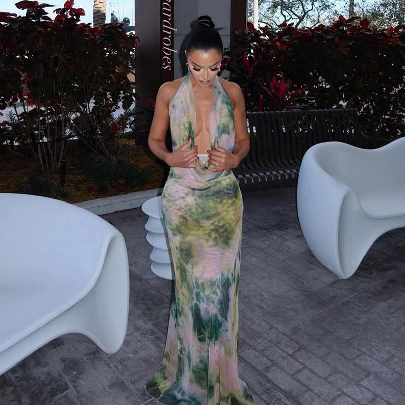 Tie Dye 2pcs Printing Deep V-neck Suits Fashion Halter Backless Long Dresses For Beach Party Womens Clothing