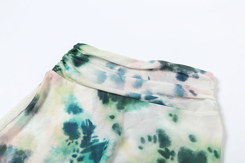 Tie Dye 2pcs Printing Deep V-neck Suits Fashion Halter Backless Long Dresses For Beach Party Womens Clothing