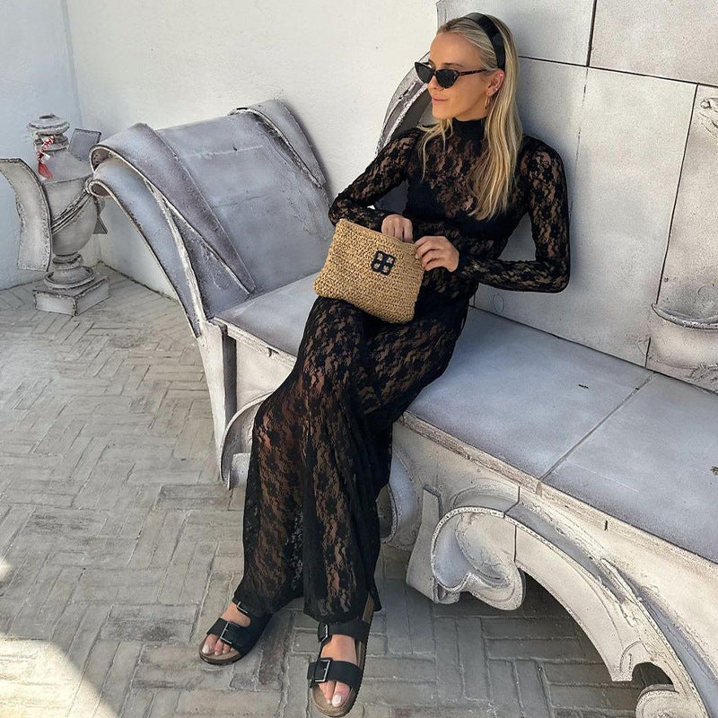 Fashionable See-through Mesh Sexy Hollow Out Lace Dress Women