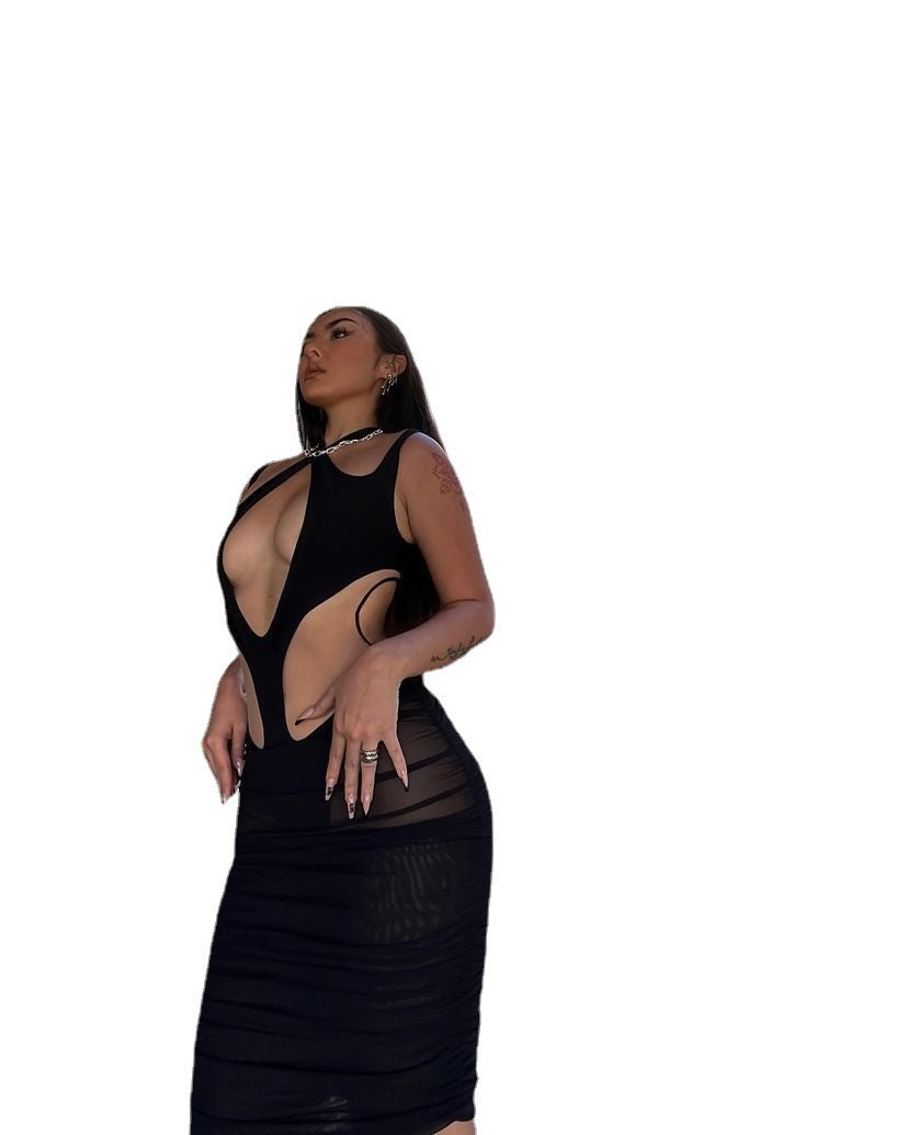 Low-cut Backless Mesh Gauze Hollowed Out Personality Slim Dress