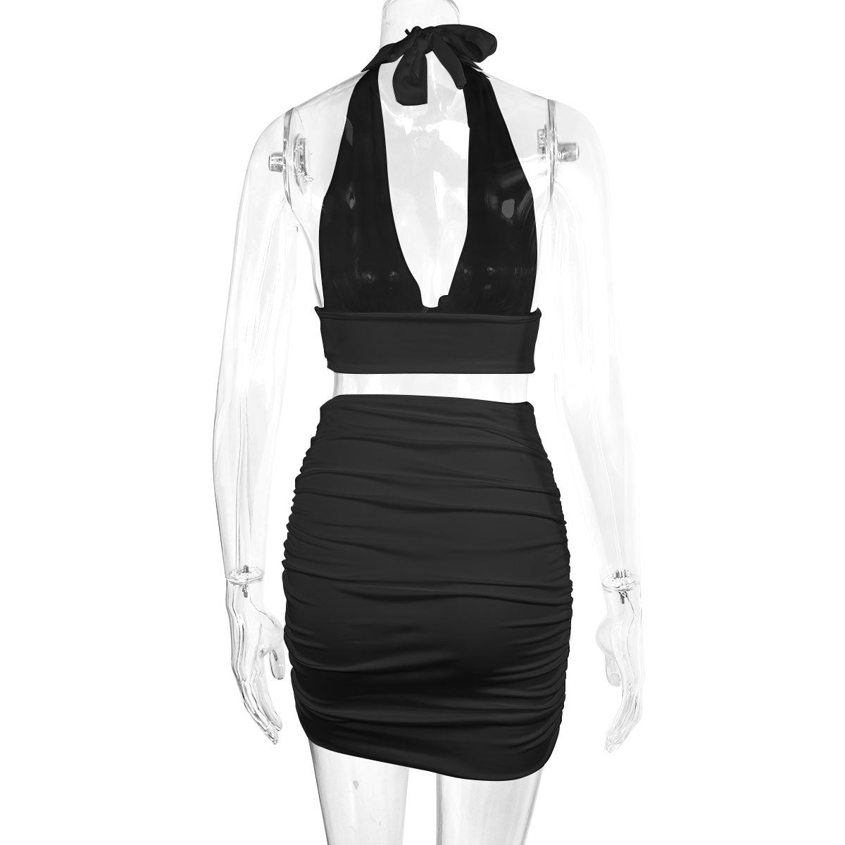Halter Lace-up Hip Top And Pleated Hip-covering Skirt