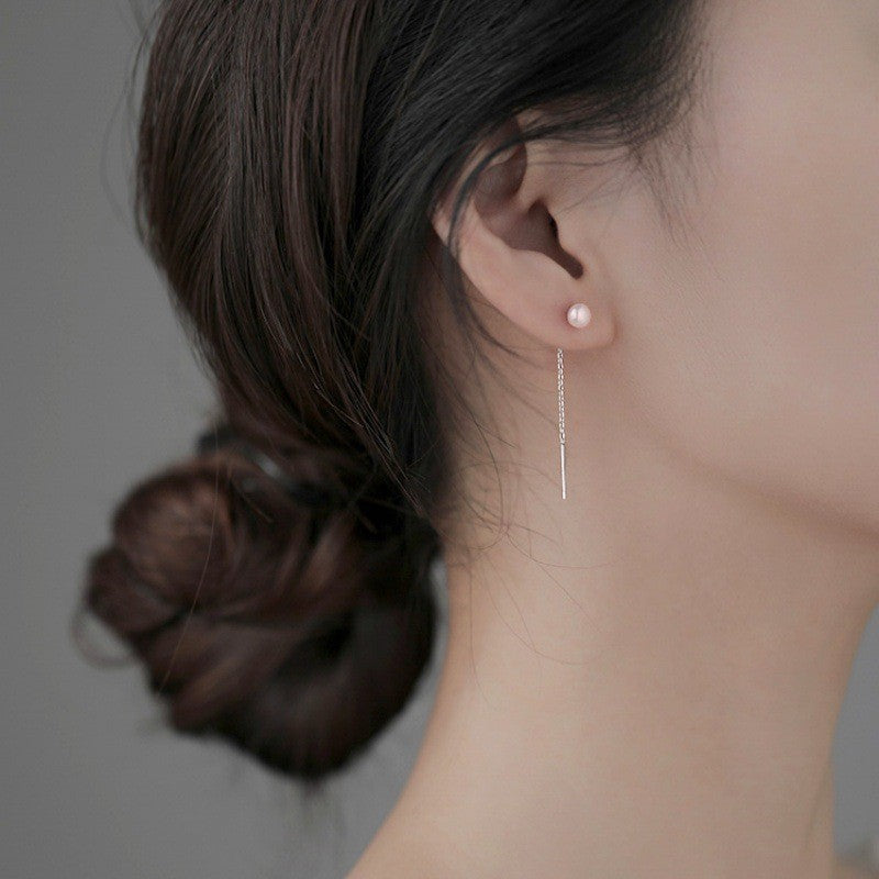 Sterling Silver Needle Pearl Ear String Female Earrings Long Temperament