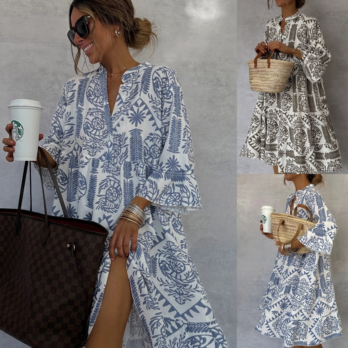 Loose Dress Women Fashion V-neck Flare Sleeve Elegant Ruffle Shirt Dress